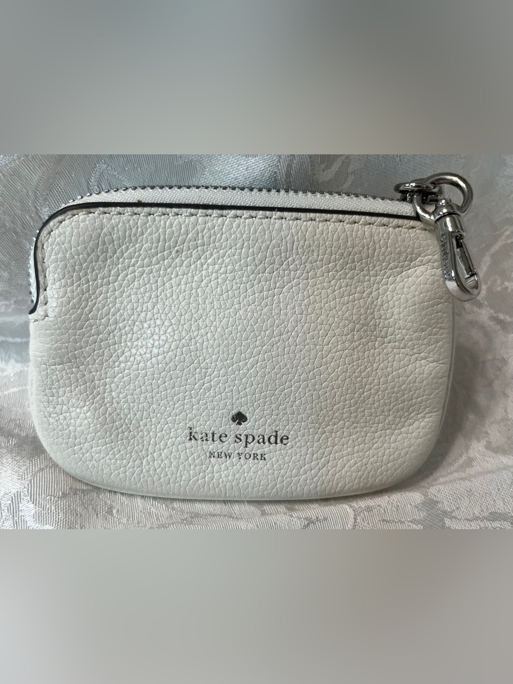 Kate Spade White Pebbled Leather Small Zip Pouch with Keychain